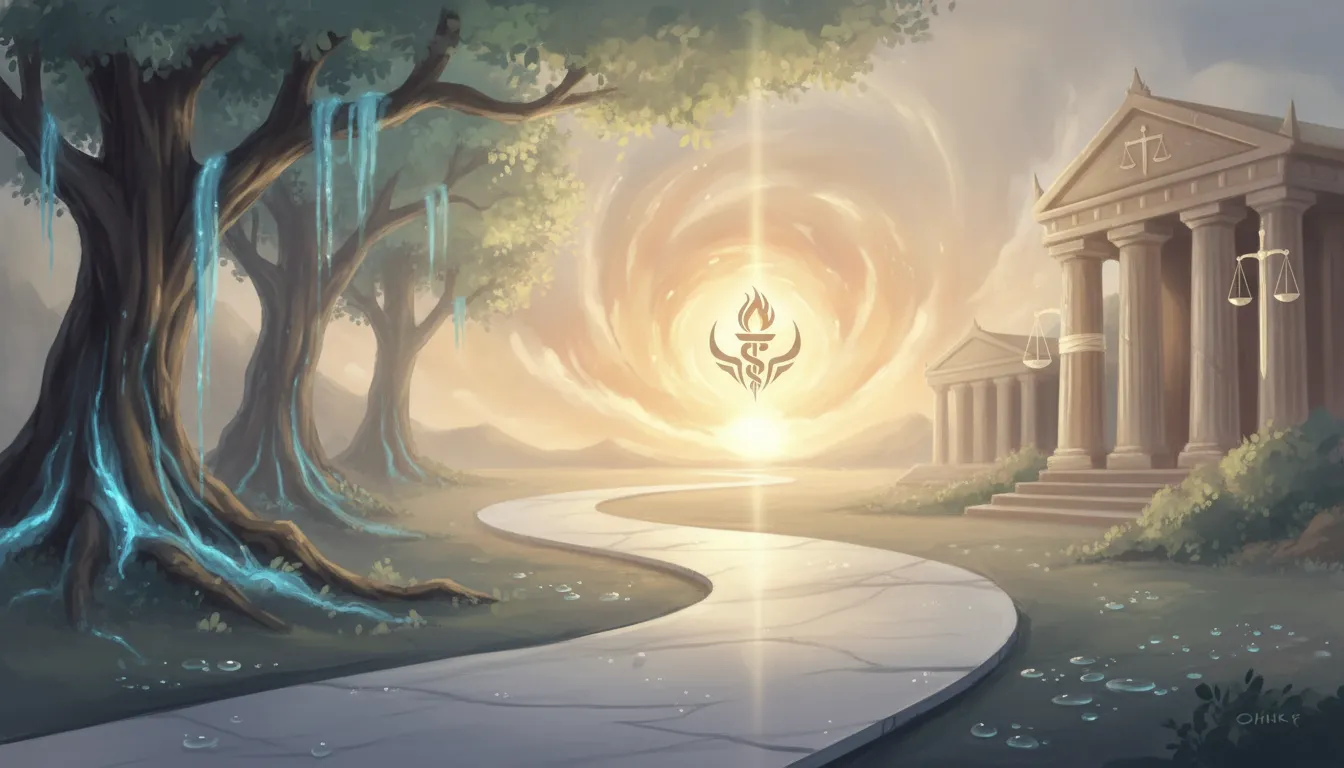 A calm path leading toward a bright warm morning light, representing healing and justice