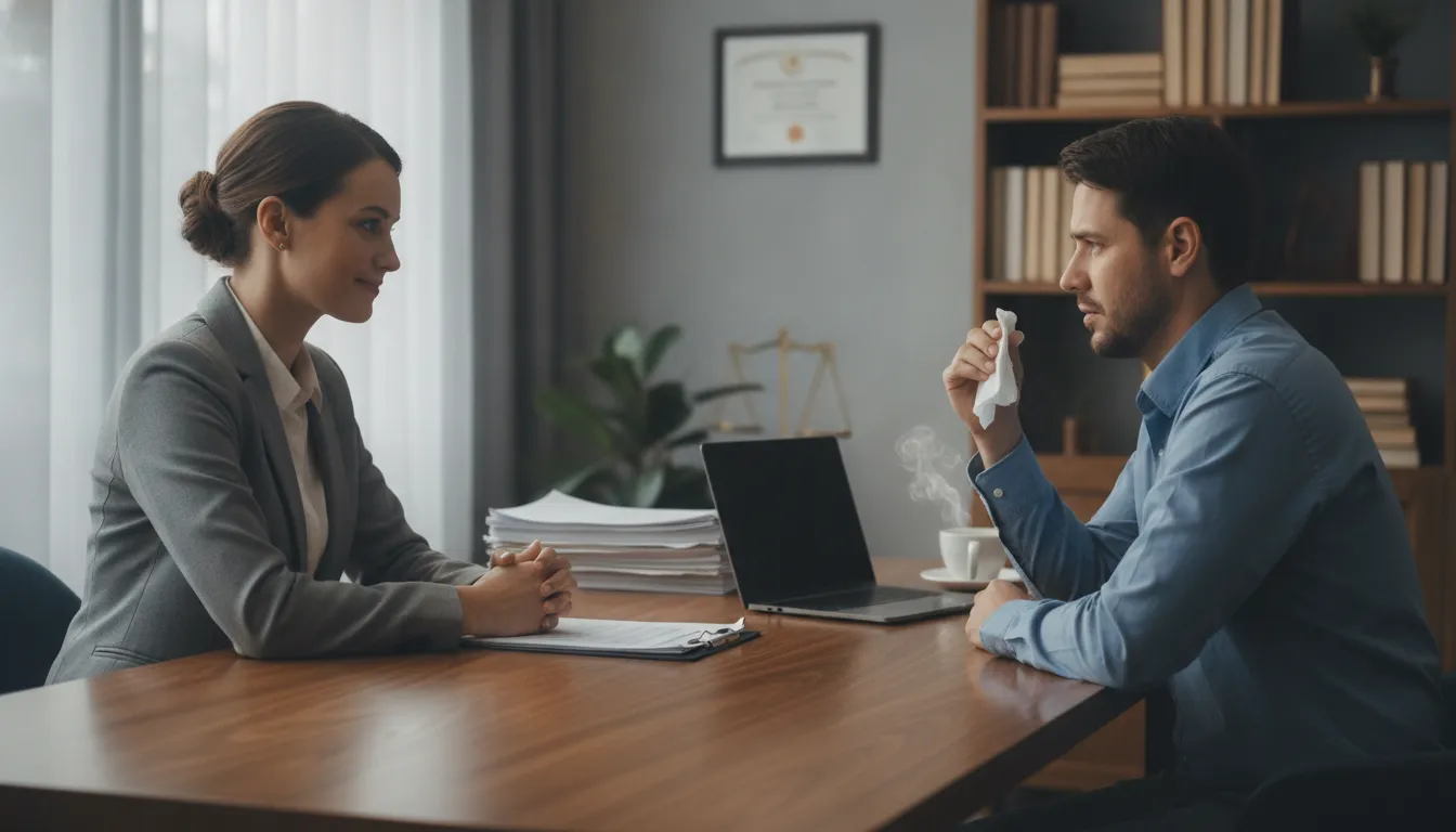 A compassionate legal consultation scene showing a lawyer meeting with a client in a warm, supportive office environment