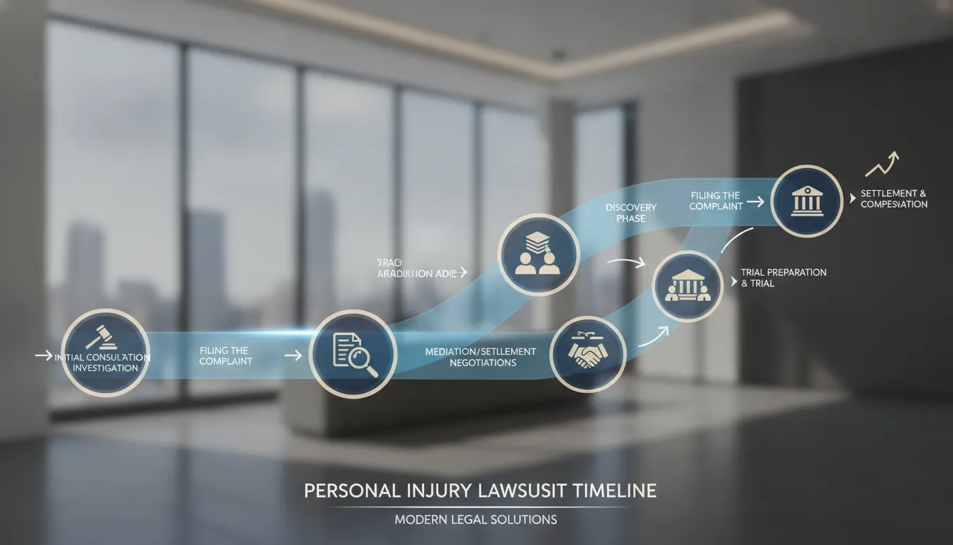 A clean illustration of a personal injury lawsuit timeline flow path