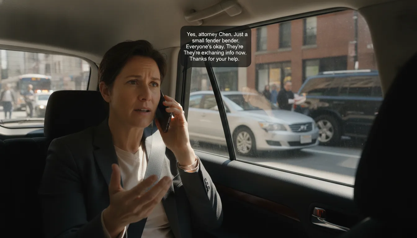 Person in a rideshare vehicle on phone after a minor accident on an urban street