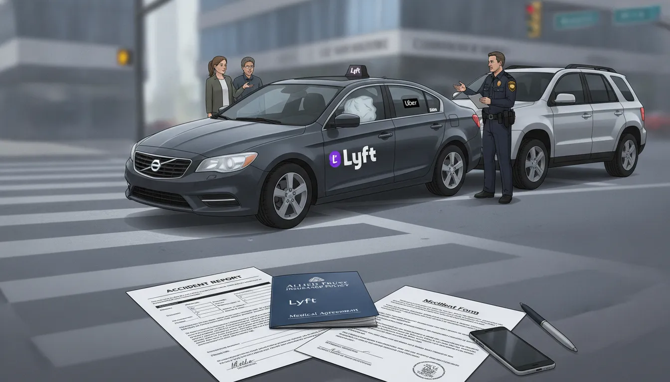 Rideshare vehicle involved in an intersection collision with insurance documents in the foreground