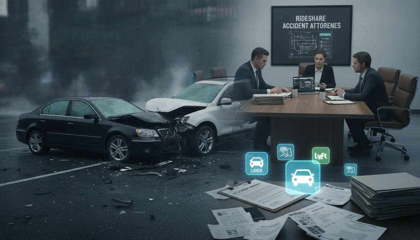 Car accident scene with rideshare app icons and legal documents