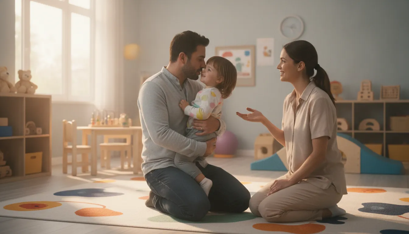 Parent speaking with a child in a pediatric therapy room