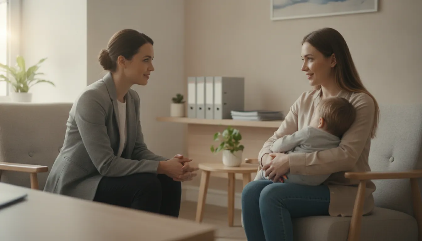 Attorney speaking with a parent of a young child in a calm consultation office