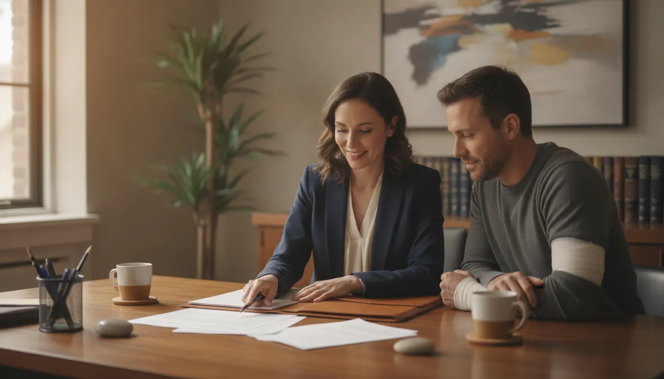 Personal injury attorney meeting with a client to review settlement documents