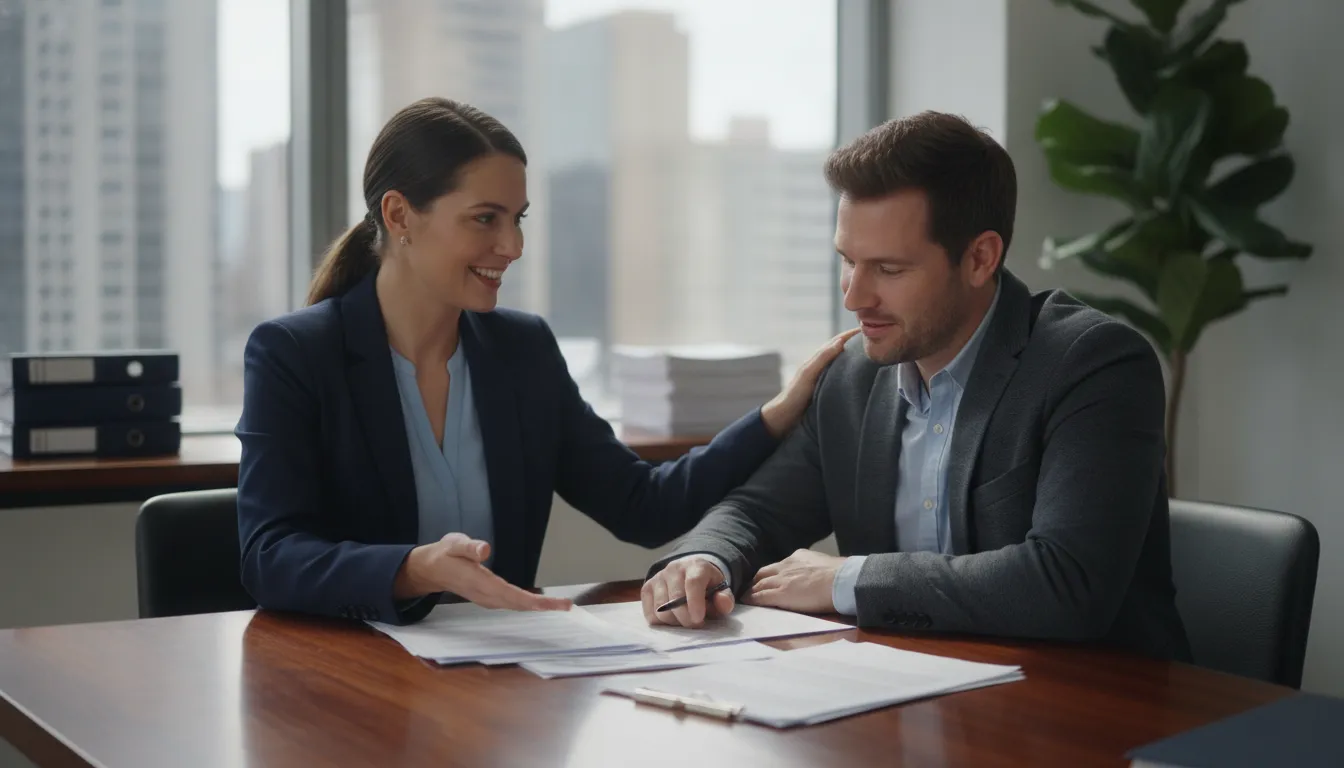 A personal injury attorney meeting with a client in a law office