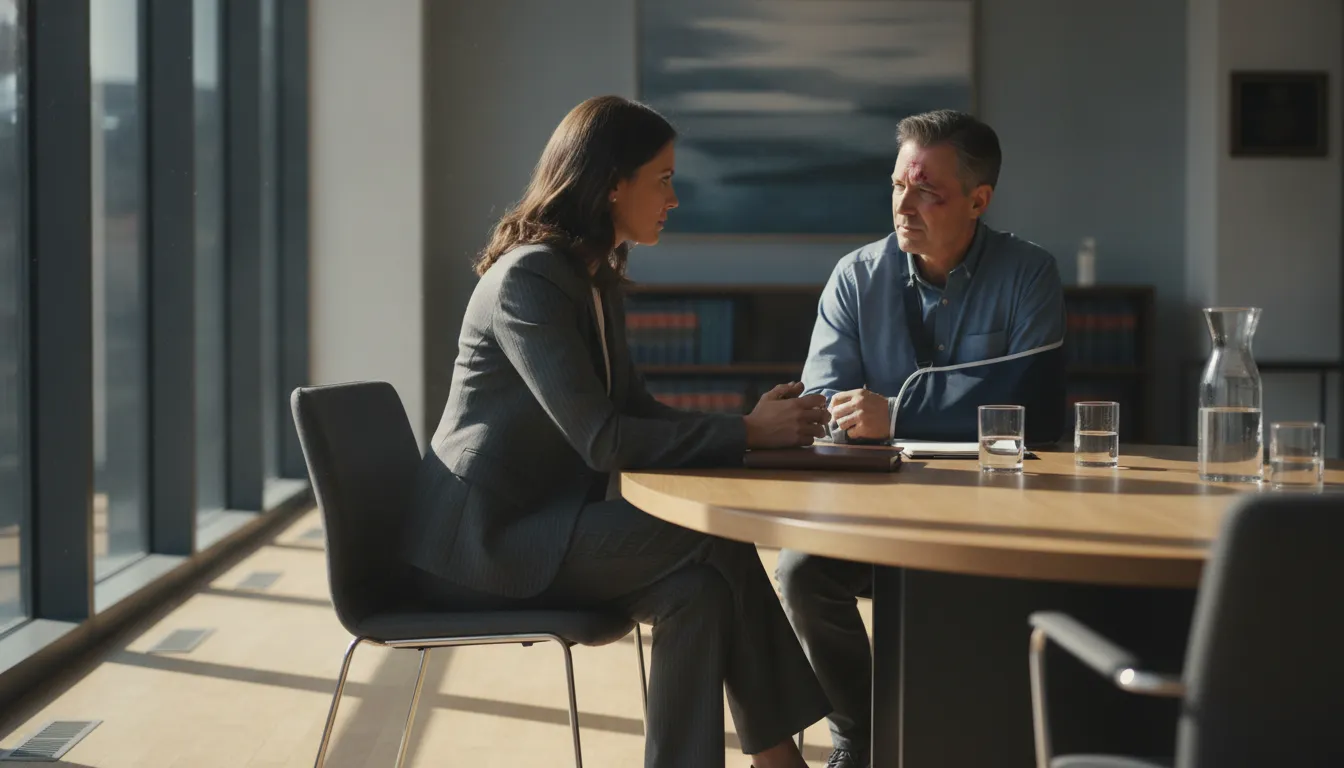 Attorney in a conference room advising an injured client during a free consultation
