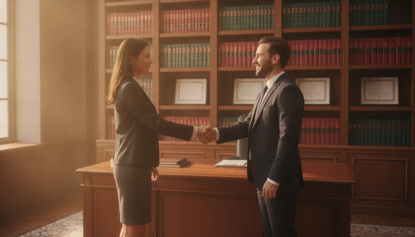 Lawyer and client shaking hands in a professional law office setting