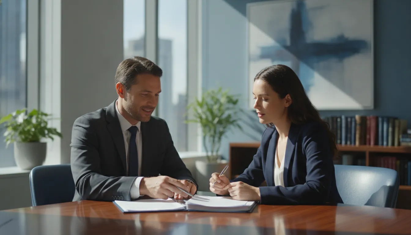 Personal injury attorney reviewing legal documents with a client in a professional law office