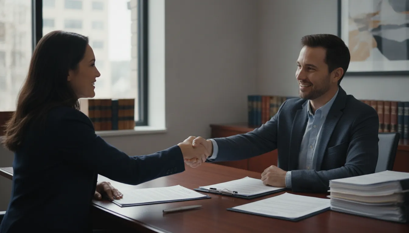 Personal injury attorney shaking hands with a grateful client in a professional law office